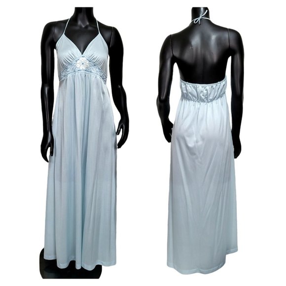 Vintage 80s Blair Light‎ Blue Nylon Nightgown Floral Applique Underbust Detail - Picture 1 of 10